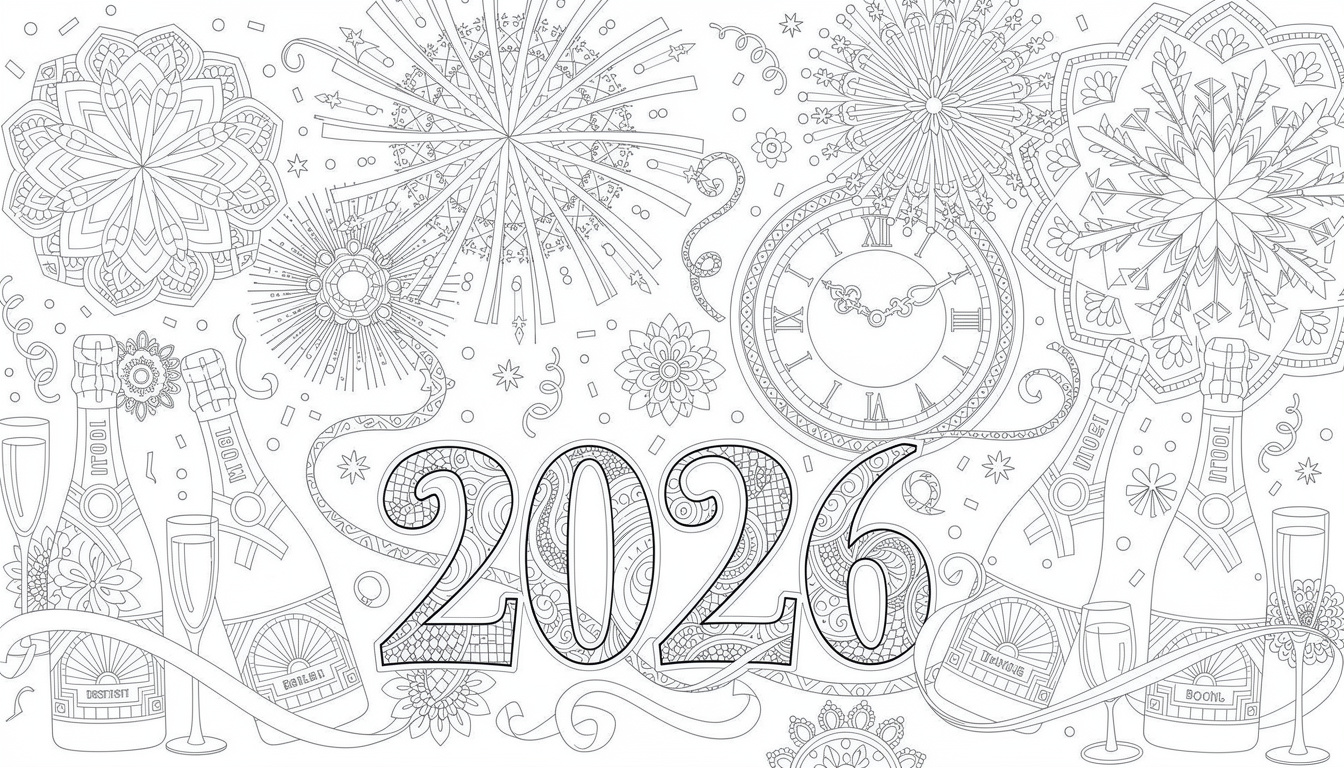 new year 2026 coloring page - free pdf download | colorazen