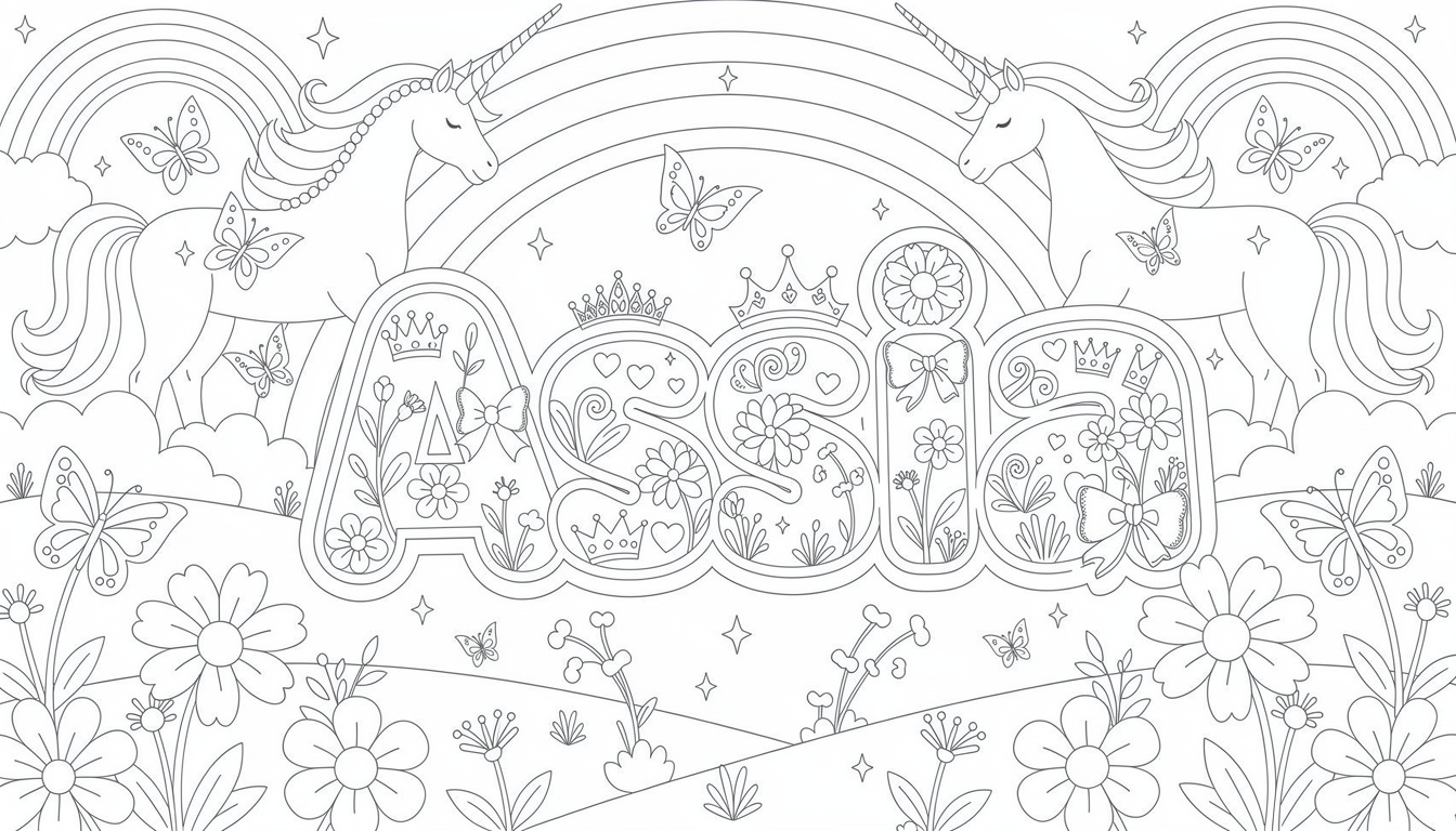 Assia Name Coloring Page - Unicorns & Flowers | Free PDF | Colorazen