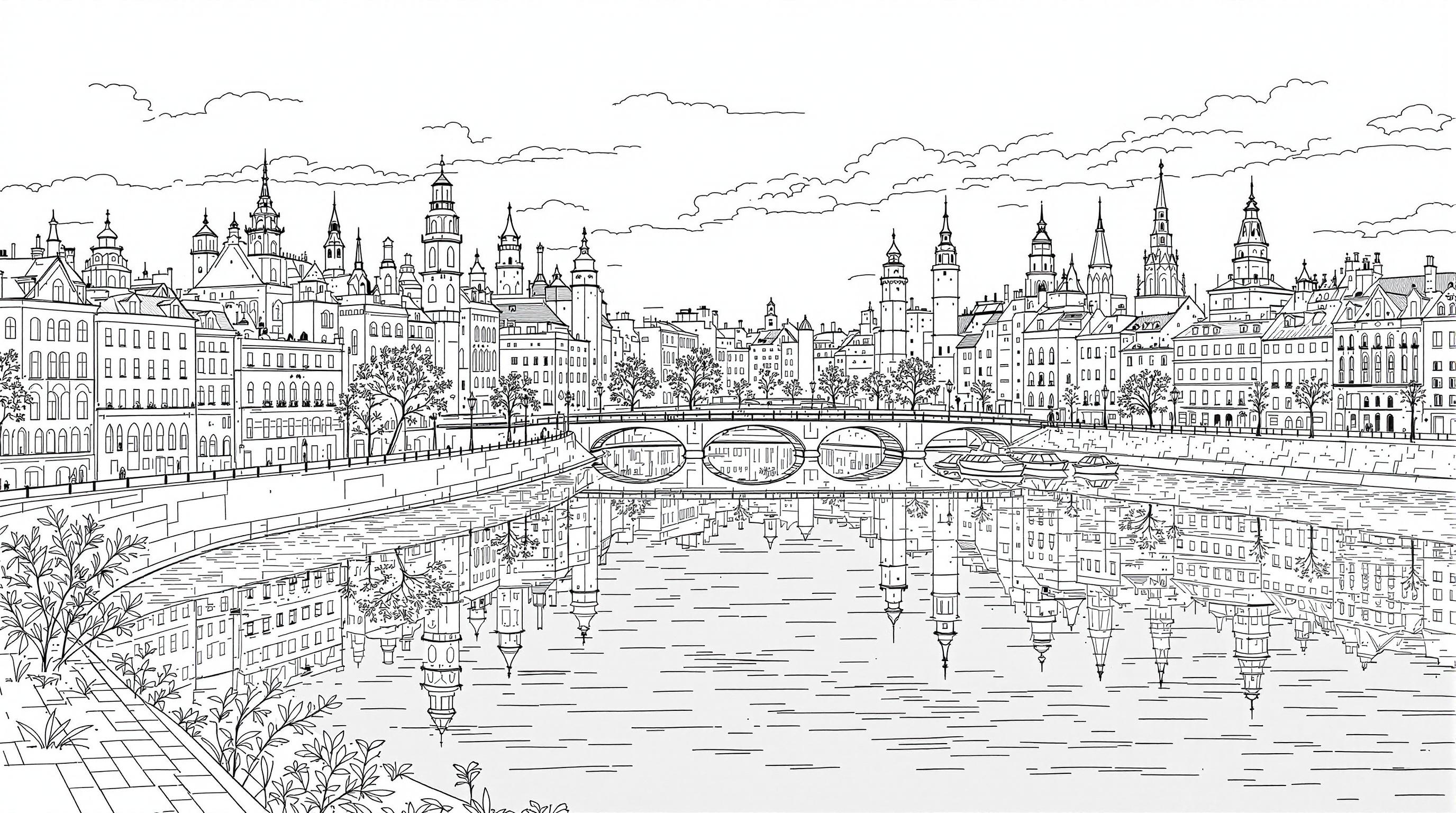European City River Reflection Coloring Page | Free PDF | Colorazen