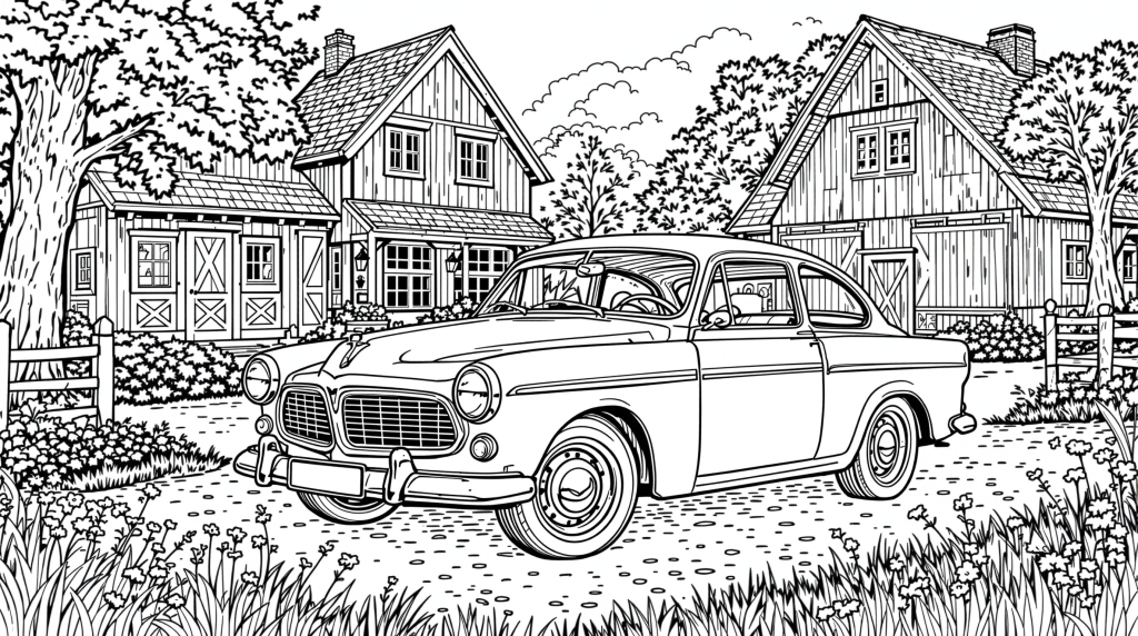 A detailed black and white line art coloring page featuring a classic 1960s Volvo Amazon car parked in a rustic Swedish farmyard setting.