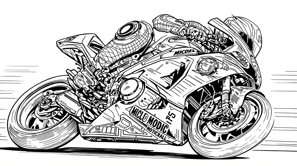 A professional racing motorcycle coloring page featuring detailed sport bike leaning into a dynamic turn with intricate mechanical components.