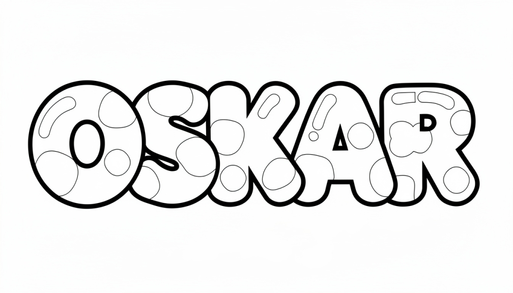 Uma página de colorir estilo bolhas apresentando o nome OSKAR em letras conectadas com elementos circulares decorativos.