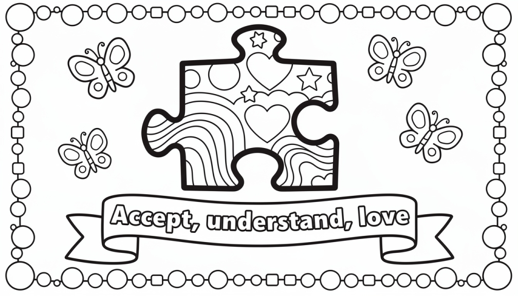 パズルピース、虹、ハート、星、そして感動的な受容のメッセージを含む心温まる自閉症啓発の塗り絵ページです。