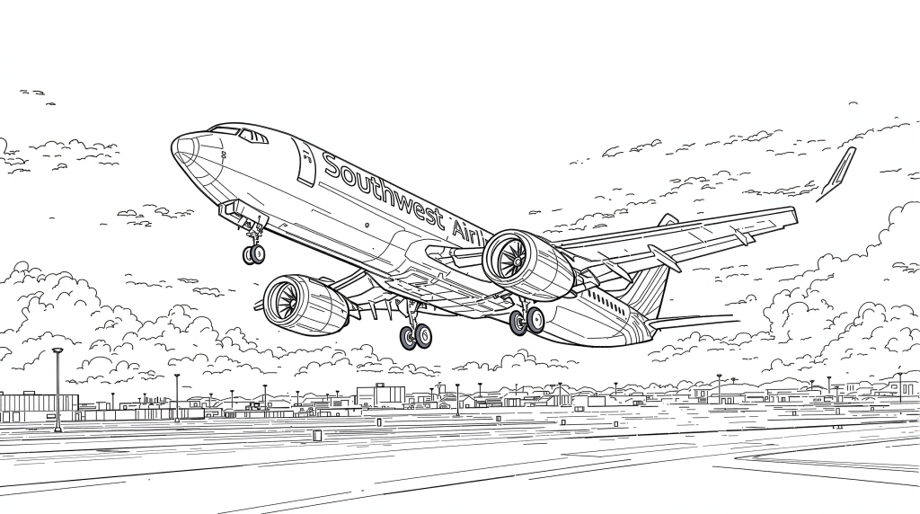 サウスウエスト航空ボーイング737の離陸シーンを精密な線画で描いた大人の塗り絵