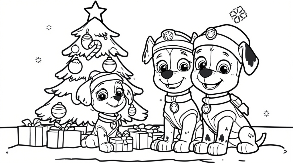 Une délicieuse page de coloriage de Noël Paw Patrol avec trois adorables chiots célébrant autour d'un arbre décoré.