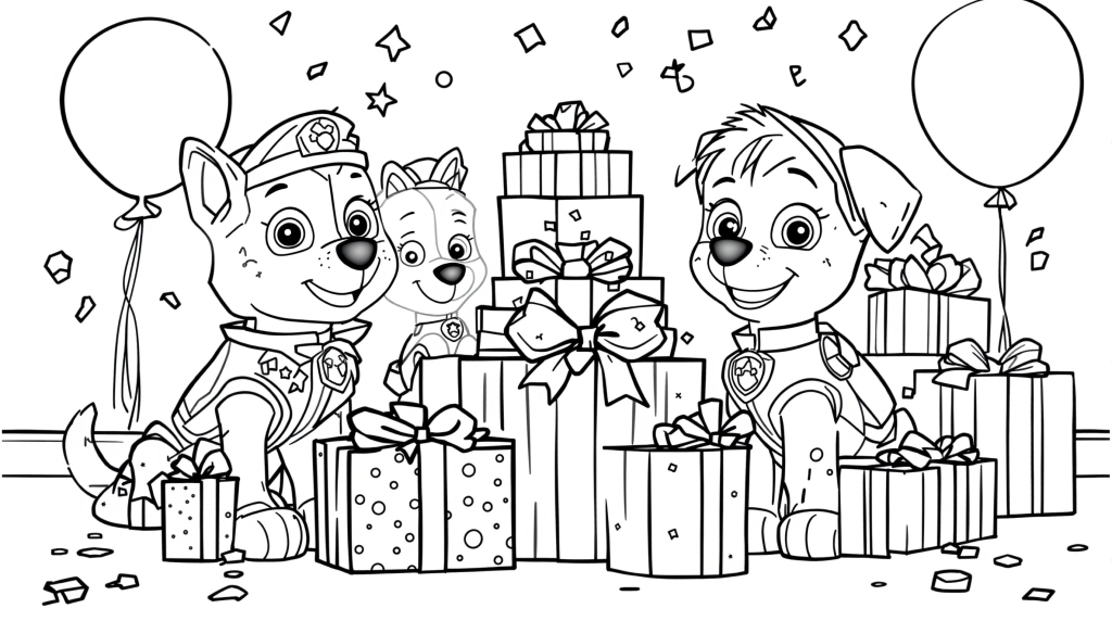A Paw Patrol coloring page featuring three beloved characters celebrating with presents and balloons.