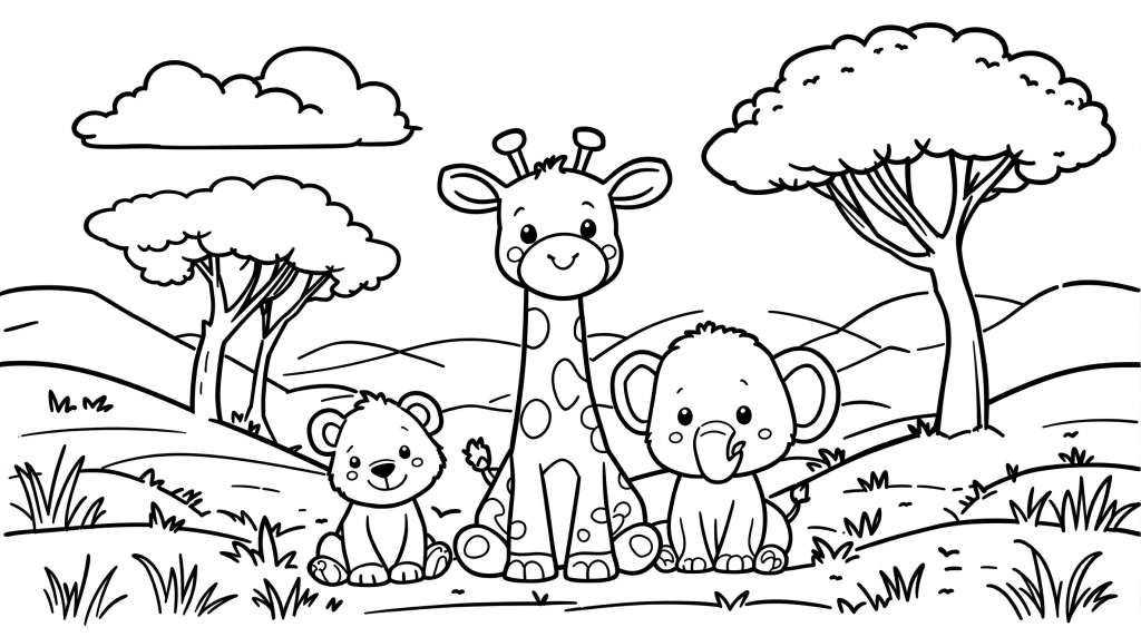 愛らしいサファリ動物の塗り絵 - シンプルな風景の中に描かれた可愛い動物たち