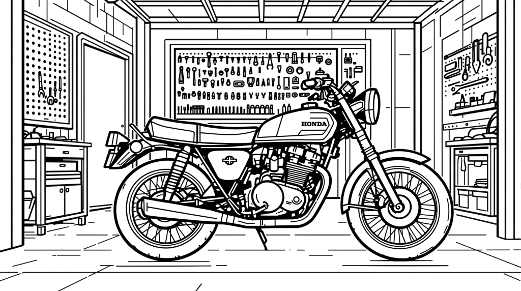 En detaljerad vintage Honda CB750 motorcykel målarbok i ett välutrustat hemgarage med omfattande verktygssamling.