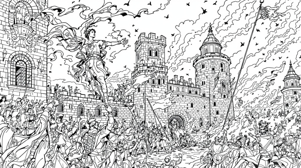 A detailed French Revolution coloring page depicting the historic Storming of the Bastille with intricate architectural elements and period details