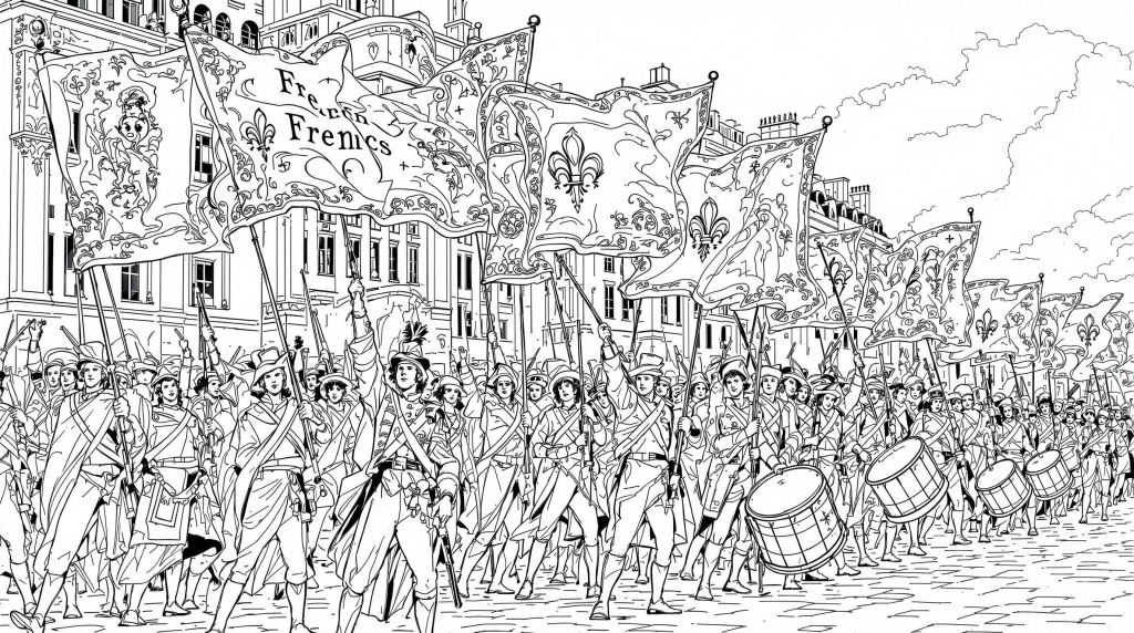 A detailed French Revolution coloring page showcases triumphant revolutionaries marching with ornate baroque borders and period-accurate uniforms.