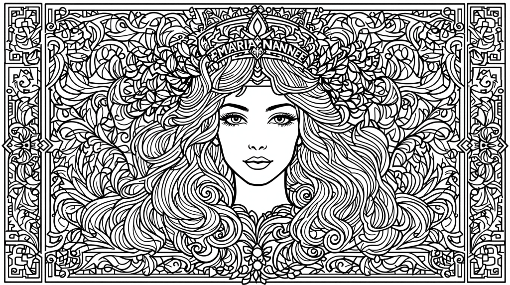 An elegant Art Nouveau-inspired Marianne coloring page featuring flowing hair and a Phrygian cap amidst decorative scrollwork and olive branches