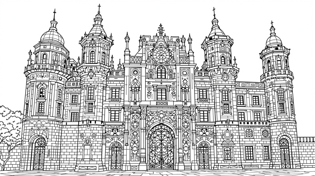 A detailed Bastille fortress coloring page showcases intricate Baroque architectural elements and ornate stone work patterns for adult coloring enthusiasts.