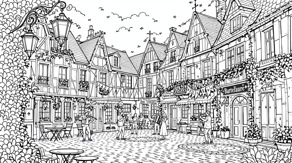 A charming French village square during Bastille Day celebrations comes alive in this detailed coloring page for adults.