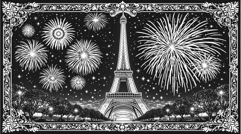 An elegant Eiffel Tower adult coloring page featuring Art Nouveau borders and intricate firework patterns in the Parisian night sky.