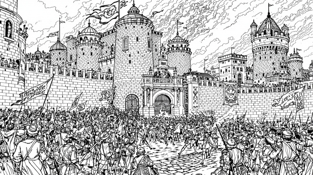 A detailed French Revolution coloring page depicting citizens storming the Bastille prison in an intricate black and white design