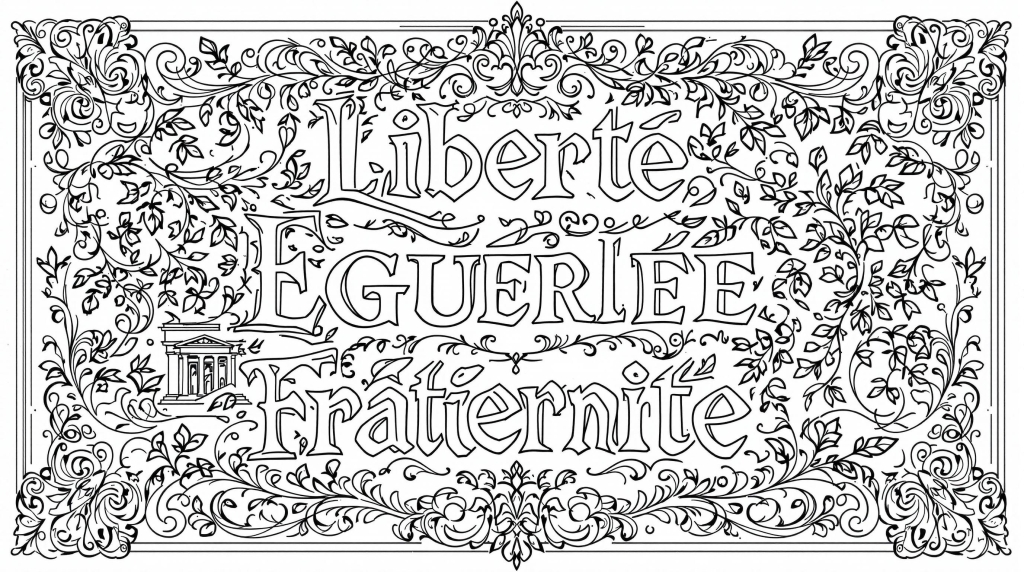An elegant French Revolutionary motto coloring page featuring ornate typography and classical decorative elements.