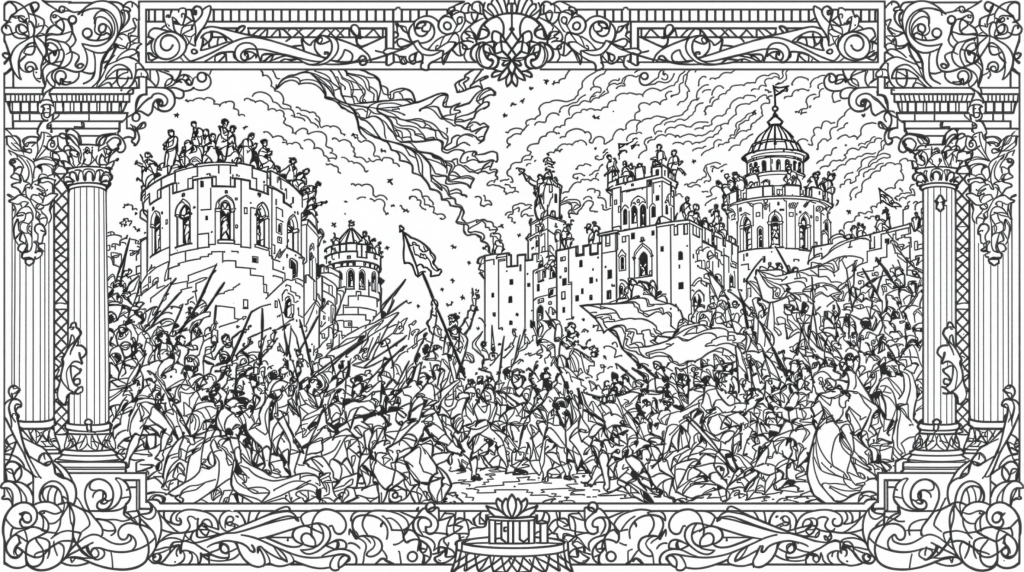 A dramatic Baroque-style coloring page depicting the historic storming of the Bastille prison with intricate revolutionary details and ornate architectural elements.