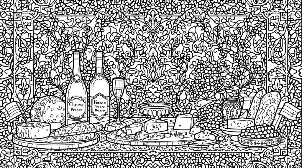 An elegant French table setting coloring page featuring intricate lace patterns and traditional gourmet elements
