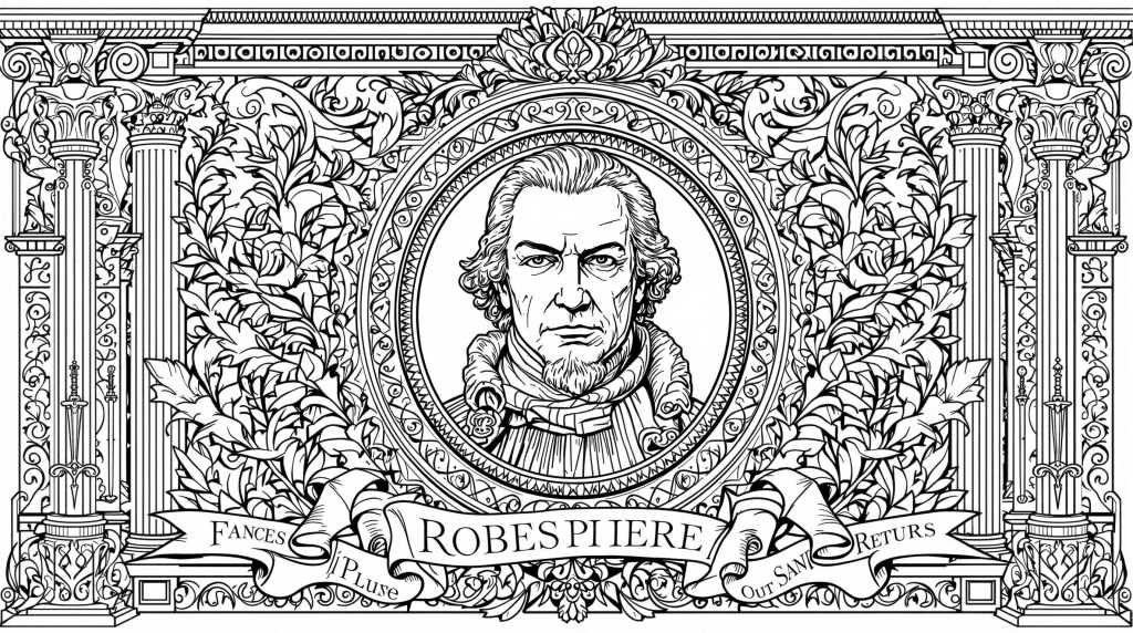 A detailed portrait coloring page of Robespierre adorned with French Revolution symbols and Neoclassical architectural elements