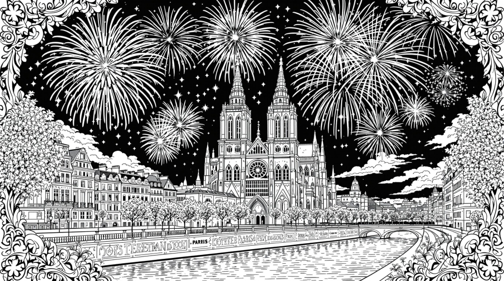 A detailed Notre-Dame Cathedral adult coloring page featuring spectacular fireworks and Seine River reflections with ornate French baroque patterns