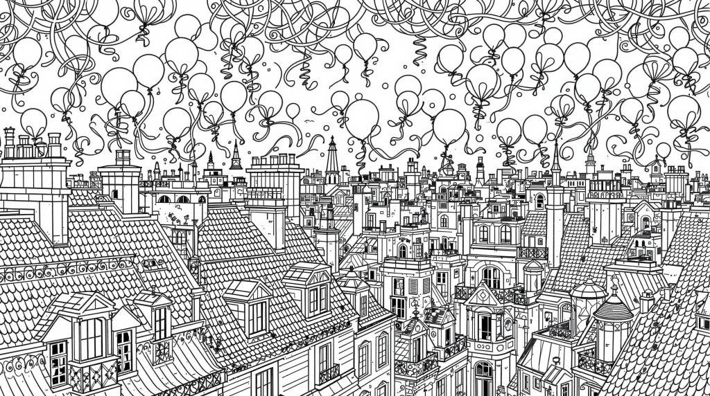 A charming Parisian rooftop coloring page featuring elegant tricolor balloons dancing above Victorian architecture