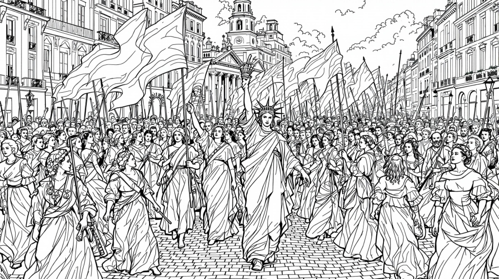 A detailed Liberty Leading the People coloring page showcases Delacroix's masterpiece with intricate revolutionary scenes and period details
