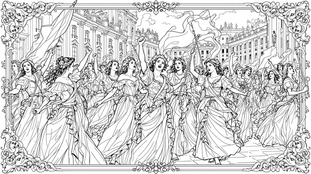 A detailed coloring page depicting determined women marching towards Versailles during the French Revolution, featuring intricate period costumes and baroque elements.