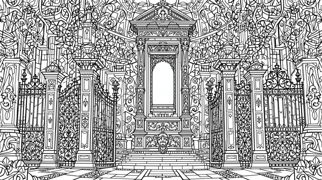 A detailed French Revolution guillotine coloring page featuring baroque architectural elements and revolutionary symbols