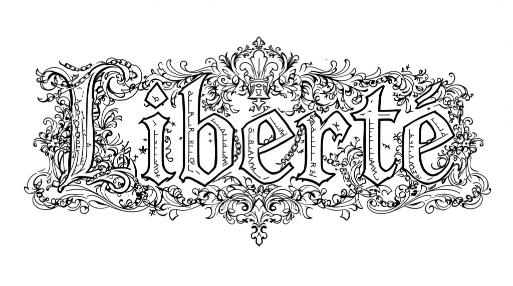 An ornate French Revolutionary-era 'Liberté' typography coloring page adorned with baroque scrollwork and fleur-de-lis patterns