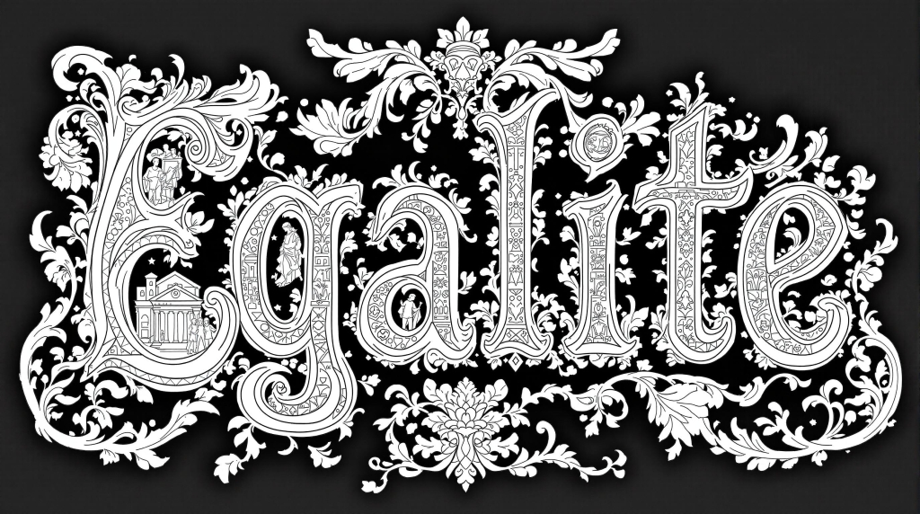 An ornate French Revolutionary style 'Egalité' coloring page featuring baroque scrollwork and neoclassical elements
