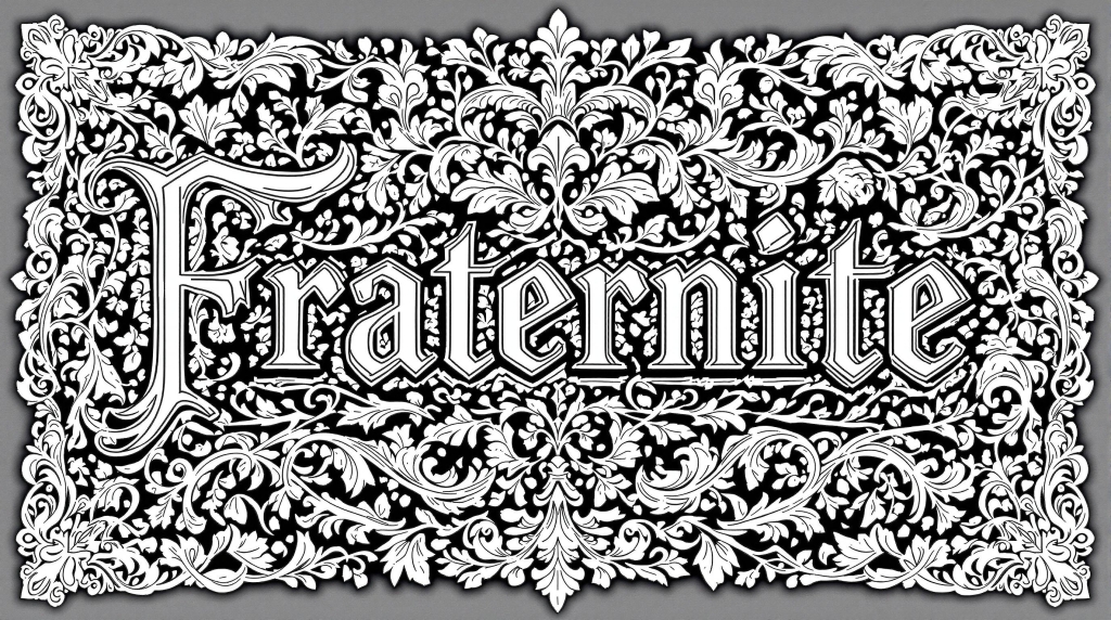 An ornate French Revolutionary-era 'Fraternité' typography coloring page adorned with baroque scrollwork and floral motifs