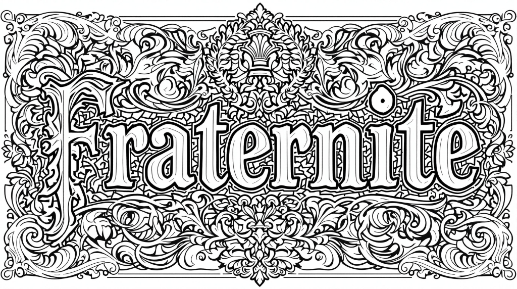 An elegant 'Fraternité' typography coloring page showcases ornate French Revolutionary-era design with intricate classical flourishes and baroque details.