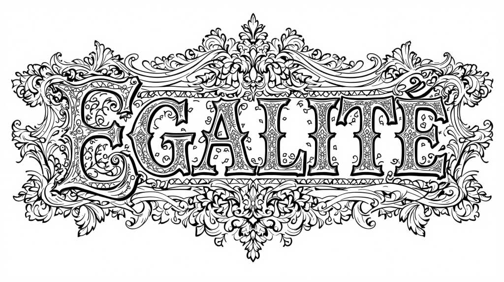 An elegant French Revolutionary 'EGALITÉ' coloring page adorned with ornate baroque scrollwork and classical elements