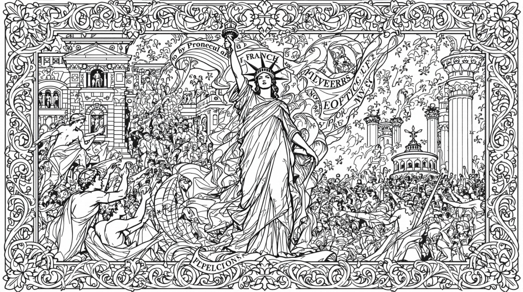 A detailed adult coloring page reimagining Delacroix's 'Liberty Leading the People' with intricate baroque patterns and decorative elements.