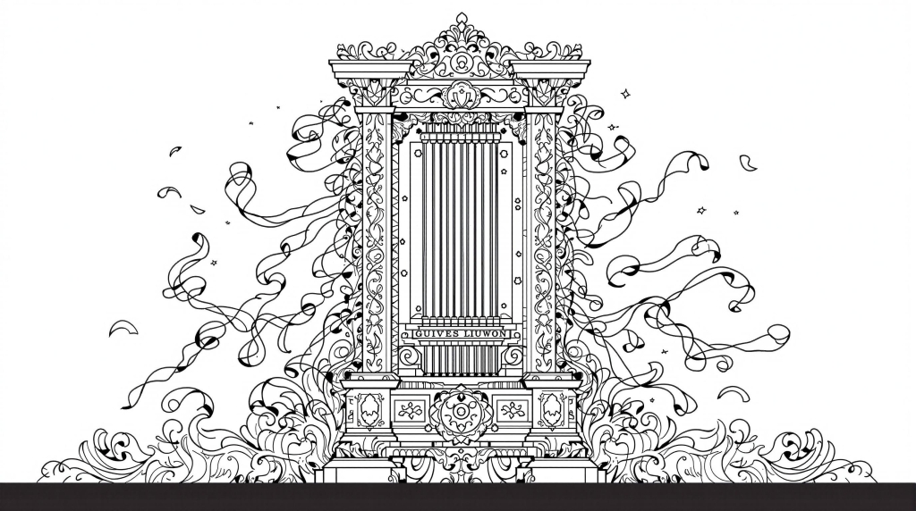 A historically accurate French guillotine coloring page featuring intricate baroque patterns and mechanical details for adult coloring enthusiasts