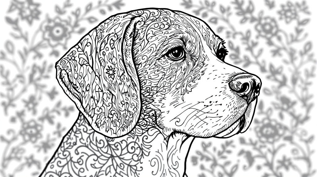 Detaljeret Beagle farveside med intrikate skovmønstre og dekorative jagtelementer