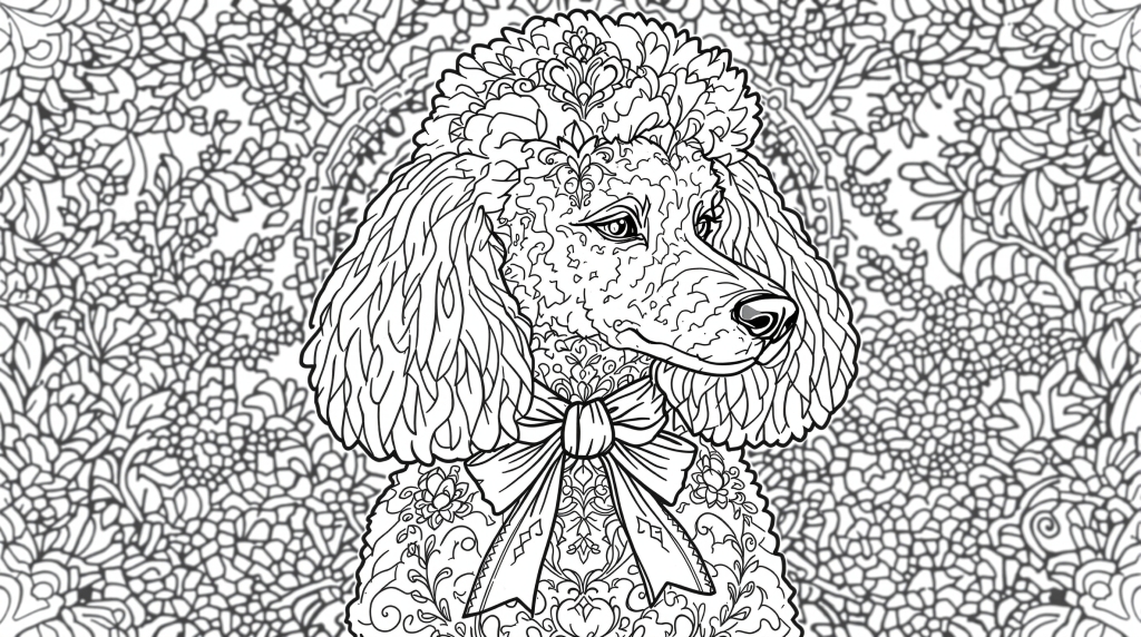 Sofistikeret farveside med puddelhund i barokstil, detaljerede mønstre og elegante haveelementer til voksne