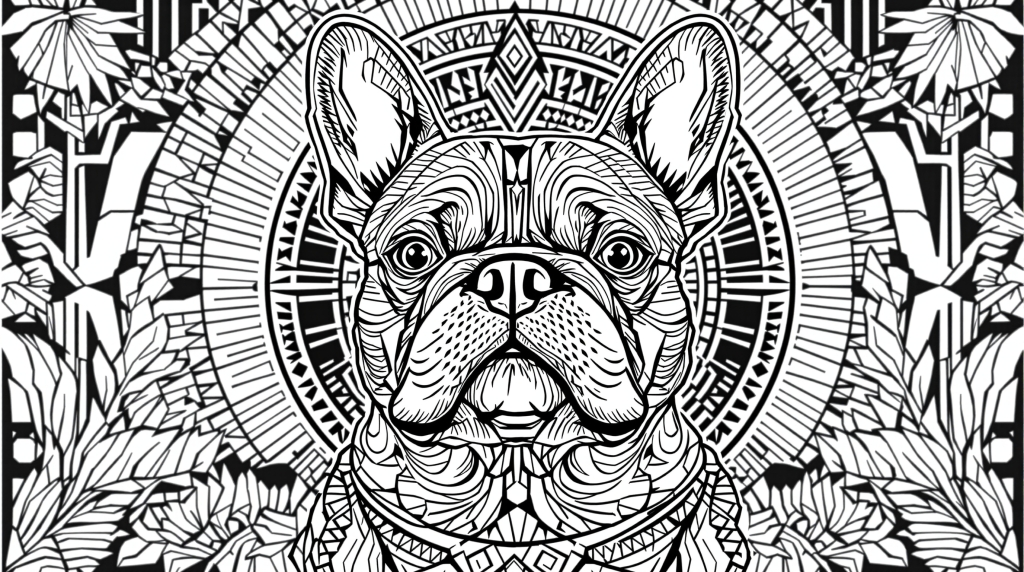 Elegant fransk bulldog farveside med Art Deco-mønstre og sofistikerede urbane designelementer til voksne, der elsker at farvelægge