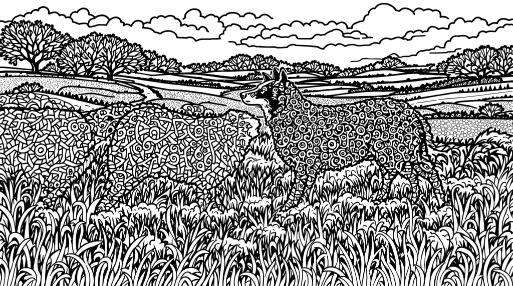 Detaljeret malebogside med Border Collie der vogter får, udsmykket med keltiske spiralmønstre og landlige elementer til voksne farvelæggere