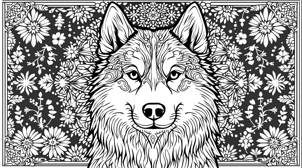 Majestætisk Siberian Husky farvelægningsside med detaljerede mandala-mønstre og arktiske dekorative elementer