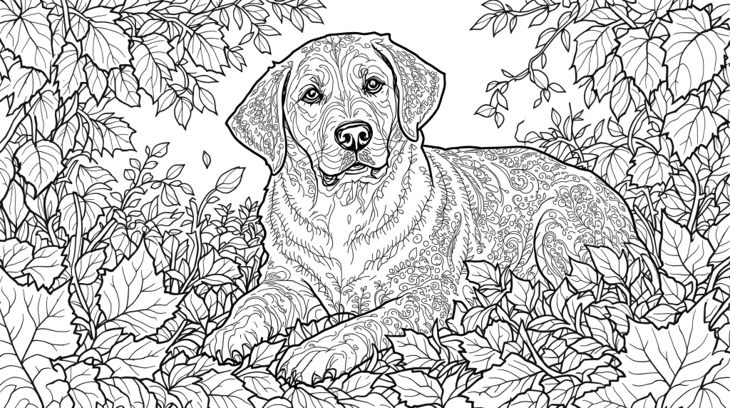 Detaljeret farveside for voksne med en legesyg Labrador Retriever omgivet af efterårsblade og naturmønstre