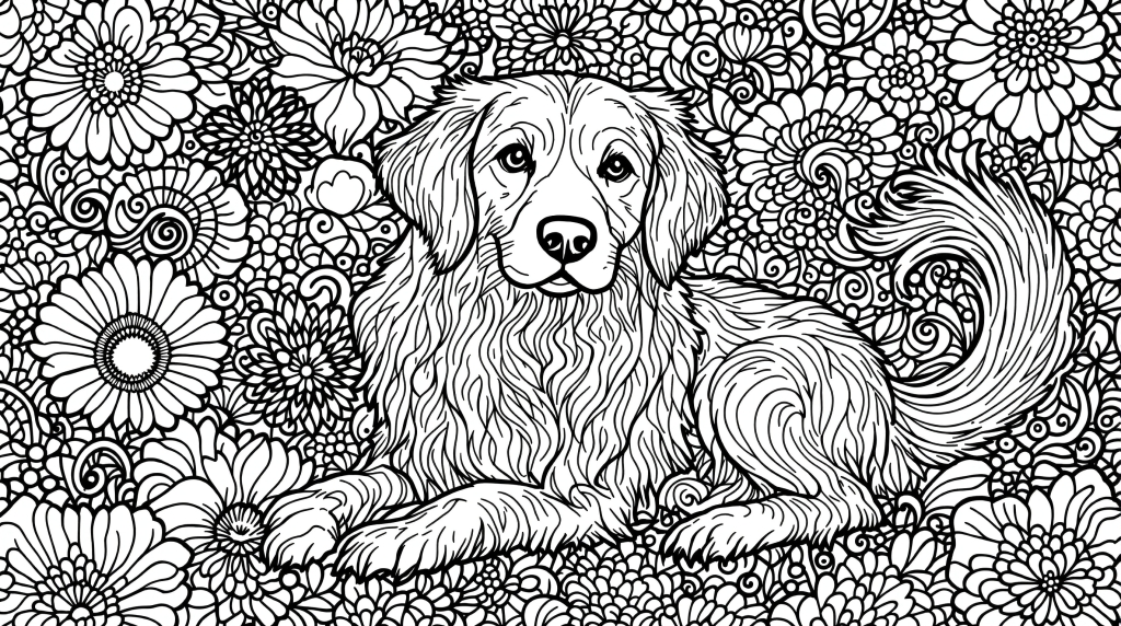 ゴールデンレトリバーの塗り絵 - 花柄模様と装飾渦巻きが美しい大人向け精密デザイン