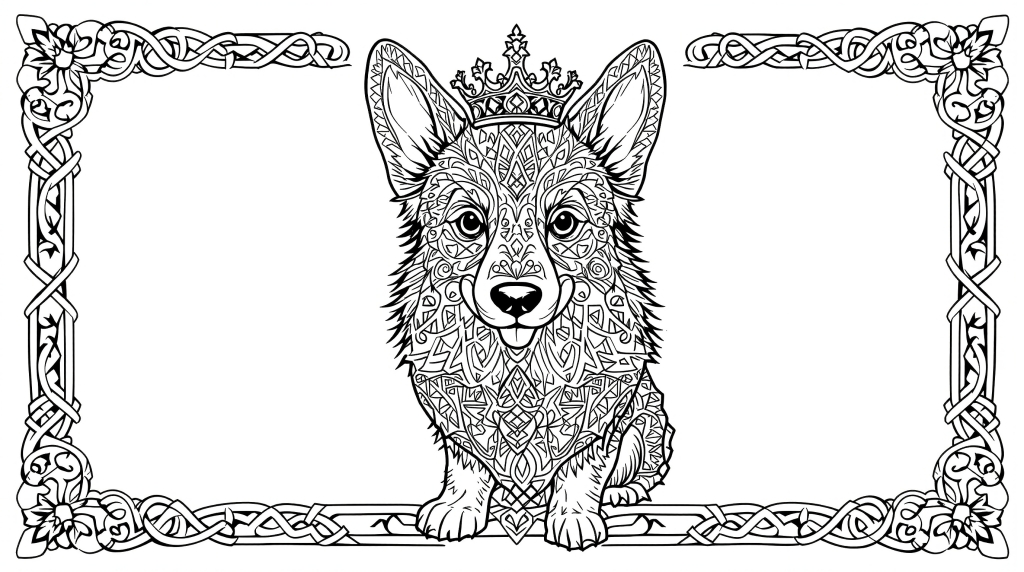 En majestætisk Corgi malebog med keltiske knudemønstre og en kongelig walisisk kronedekoration