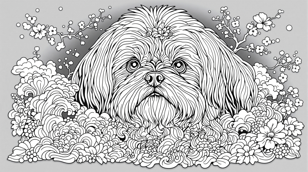 Detaljeret Shih Tzu malebog med elegante asiatisk-inspirerede mønstre og kirsebærblomster til voksne