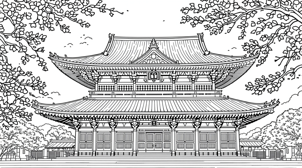 奈良東大寺の精密な塗り絵 - 荘厳な日本建築と桜の花を描いた大人の塗り絵