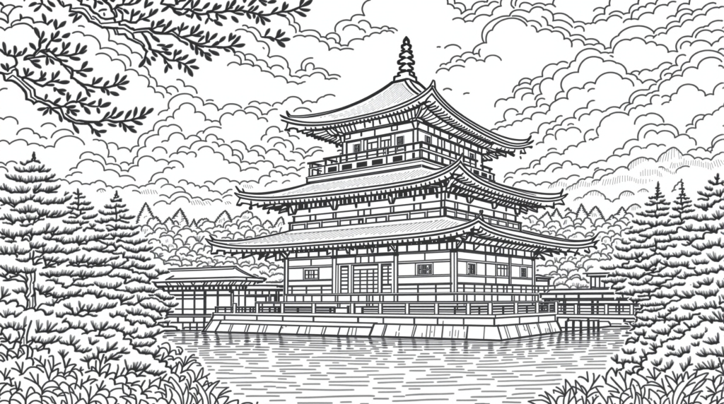 金閣寺の精密な塗り絵 - 伝統的な日本建築と細密な模様、静寂な景観を楽しむ大人の塗り絵