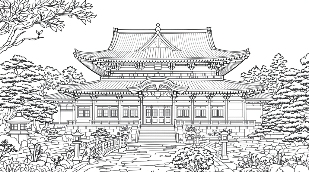天龍寺の荘厳な佇まいを描いた精緻な線画 - 日本建築と枯山水を楽しむ大人の塗り絵