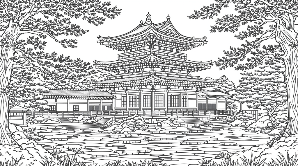 銀閣寺の精密な塗り絵 - 日本建築と禅の庭園デザイン