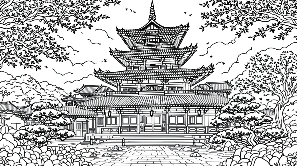 川崎大師の精密な塗り絵 - 日本建築と禅庭園を楽しむ大人の塗り絵