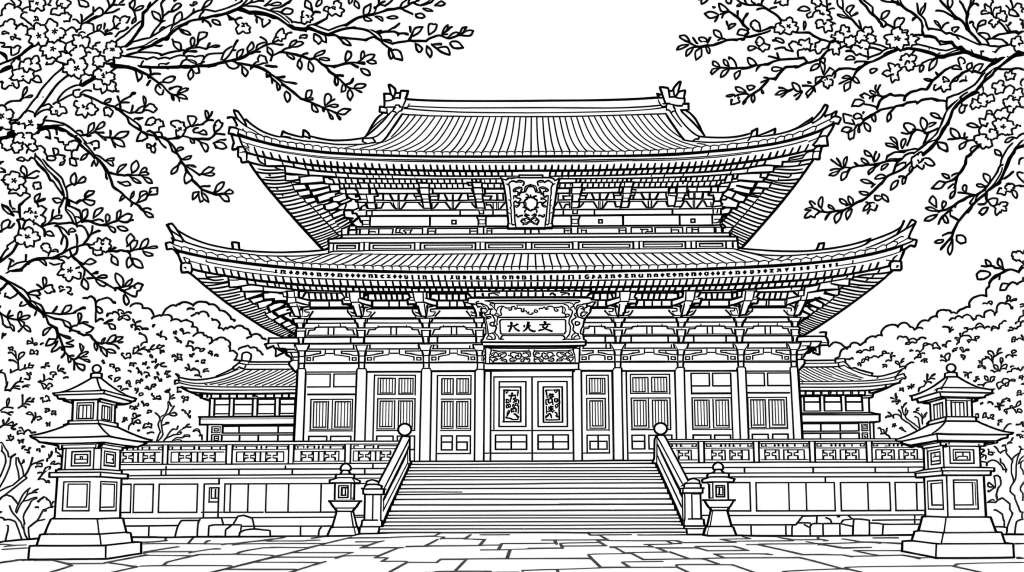 清水寺の荘厳な姿を描いた大人の塗り絵 - 木造舞台と日本建築の美しいディテール